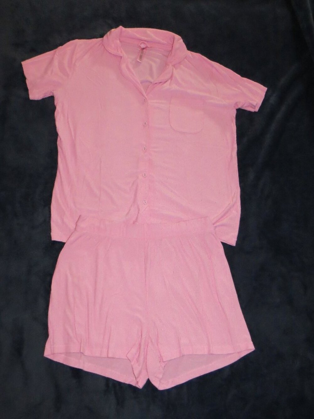 SKIMS Pink Ribbed Pajama Set | Button-Up Top & Shorts | Size M
